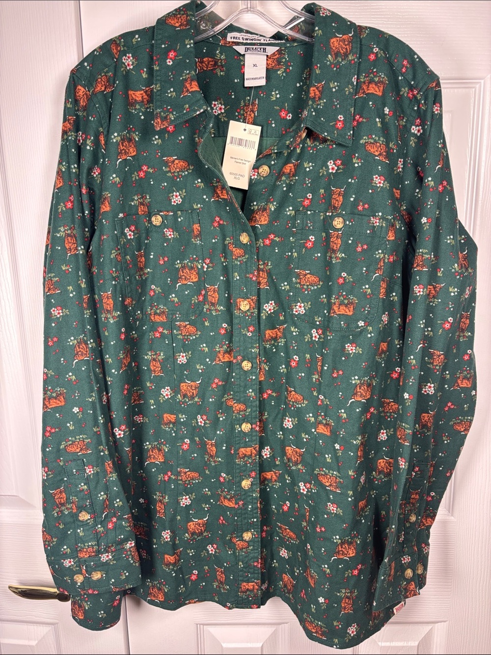 Duluth Highland Cow Button Up Green Free Swingin Flannel Long Sleeve Shirt XL